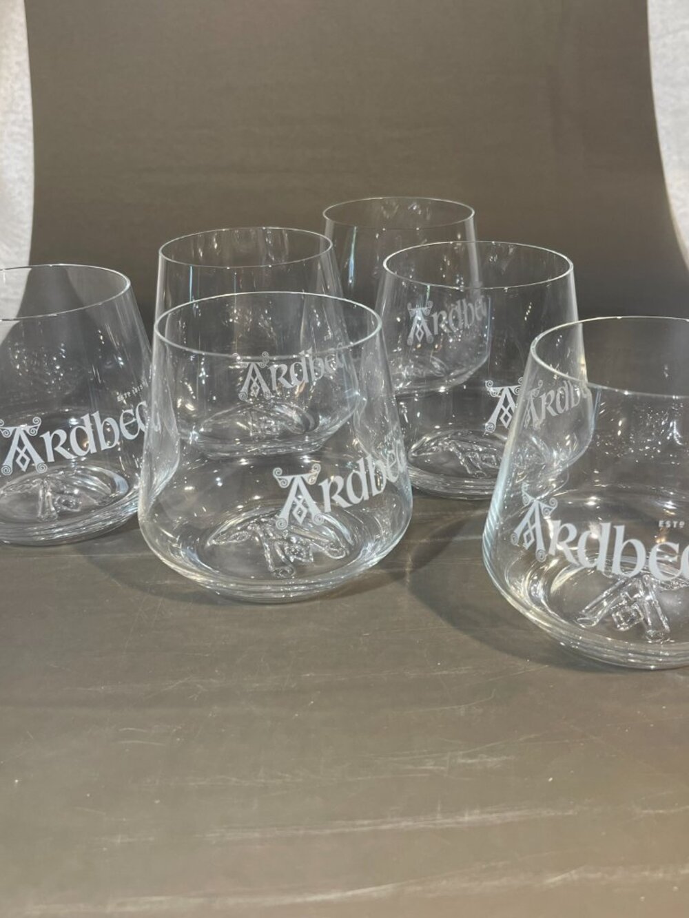 ARDBEG Whiskey tumbler Etched and embossed on bottom set of 6 (1273)